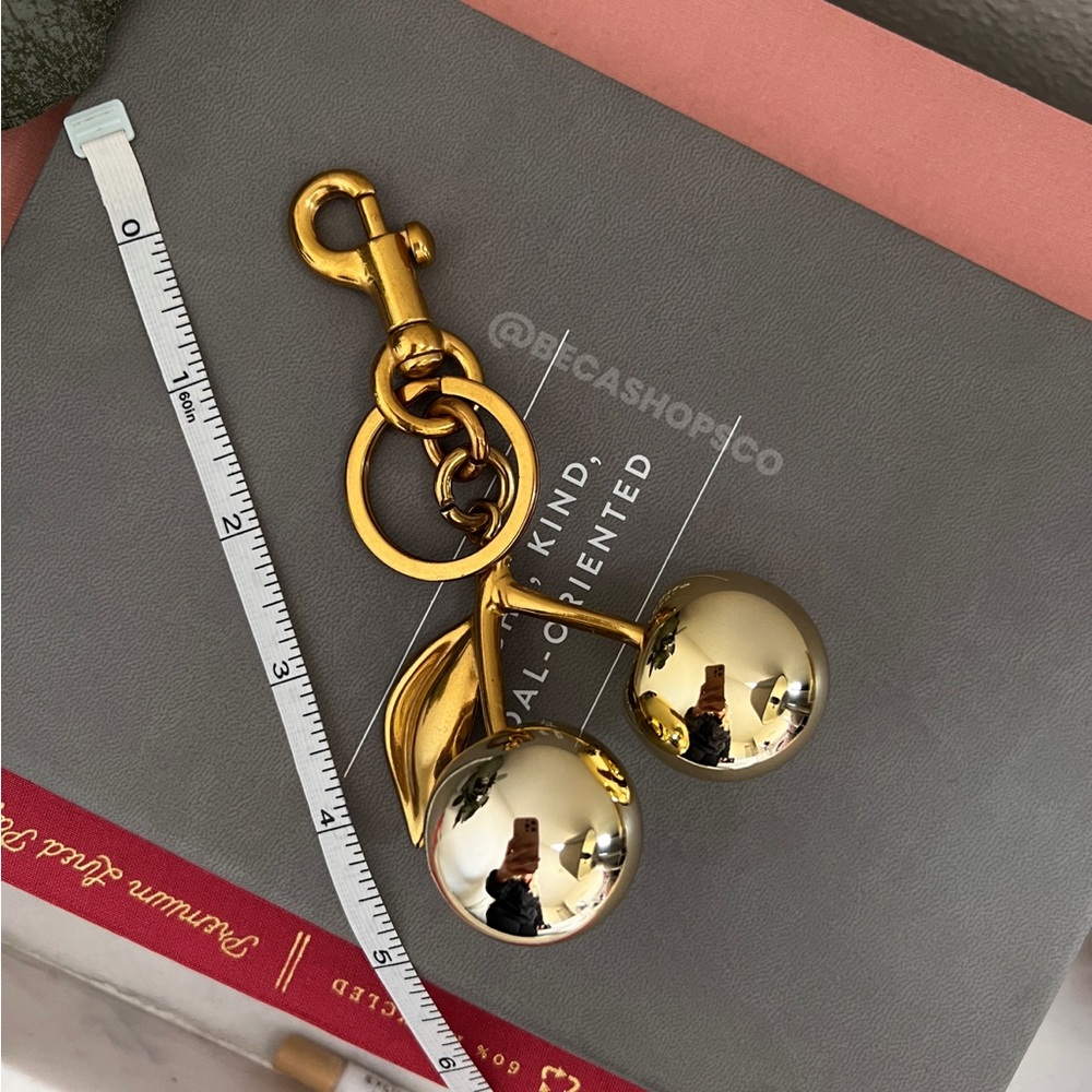 Cherry Bag Charm Keychain Resin and Metal Gold Cherries - Picture 2 of 3